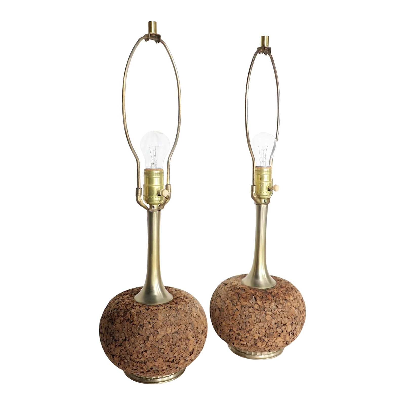 Pair of Mid Century Danish Style Cork Table Lamps 1960s 70s: Pair of Mid Century Danish Style Cork Table Lamps 1960s 70s This pair of diminutive Mid Century cork and metal table lamps, dating from the 1960s to 1970s, features a stylish design that fits perfectl