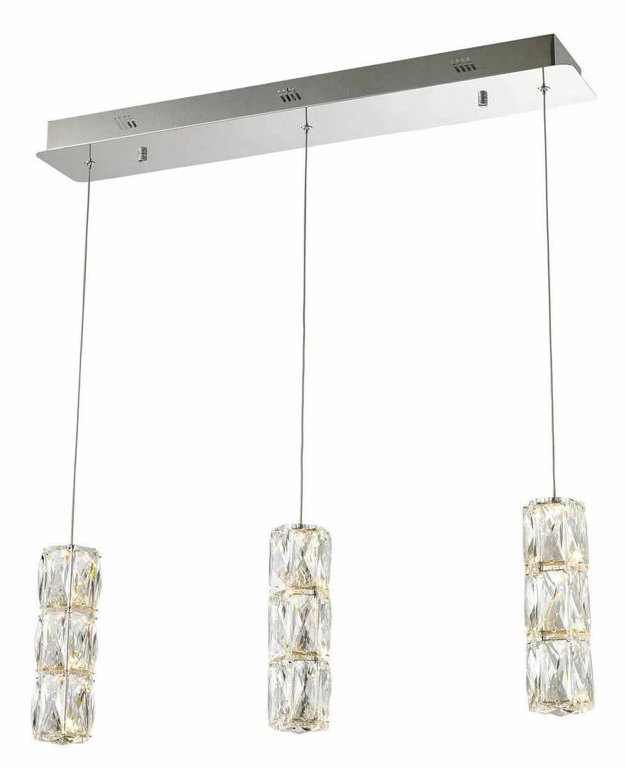Polaris 3-Light Chrome Crystal Pendant Fixture 27.5 Inch: Polaris 3-Light Chrome Crystal Pendant Fixture 27.5 Inch This modern crystal chandelier pendant features a polished chrome finish and high-quality clear crystals, offering a sophisticated look for din