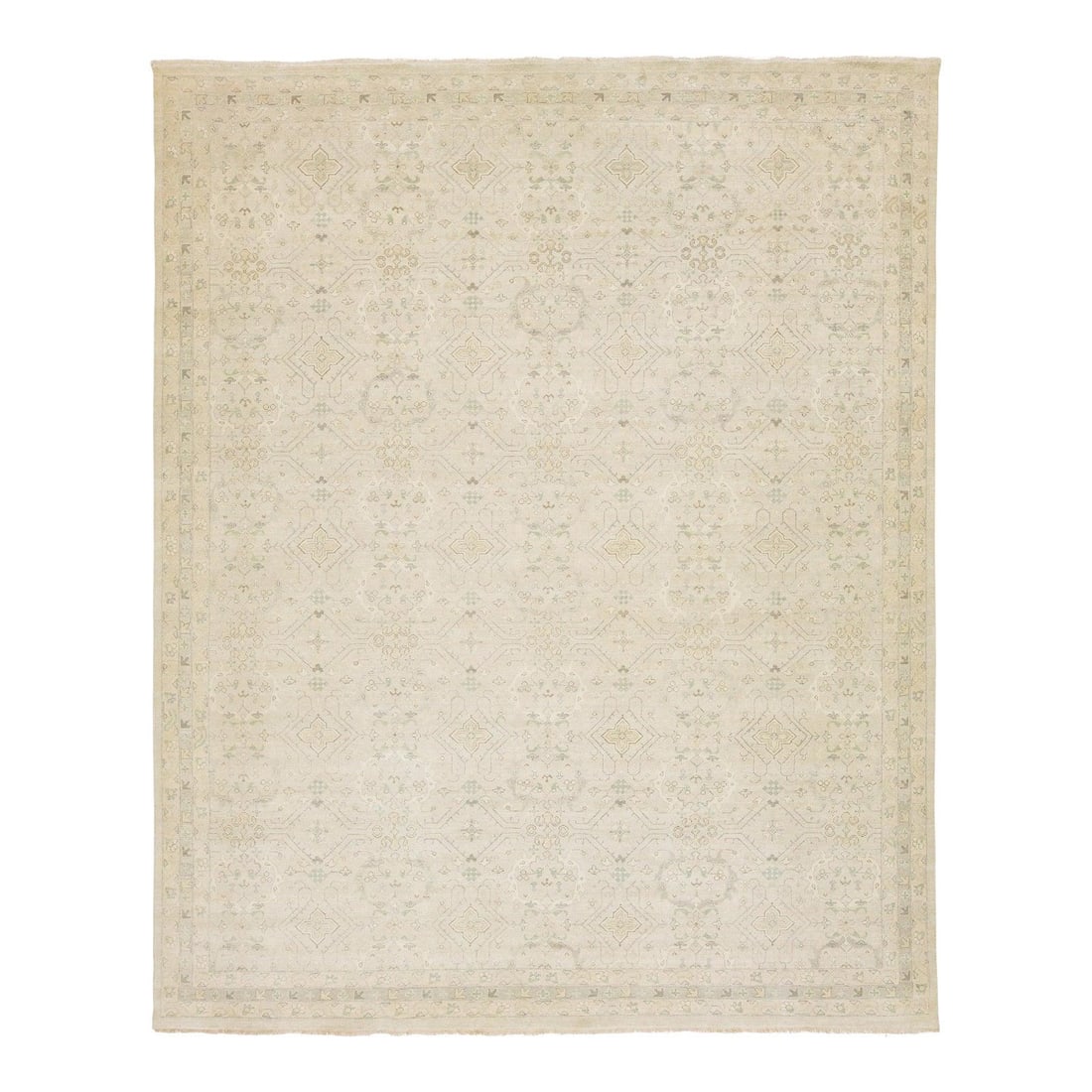 Handmade Beige Wool Oushak Style Rug 12'2 x 15' Modern Design: Handmade Beige Wool Oushak Style Rug 12'2 x 15' Modern Design Enhance your living space with this stunning handmade Oushak-style wool rug. Featuring a beautiful light beige backdrop and intricate flor