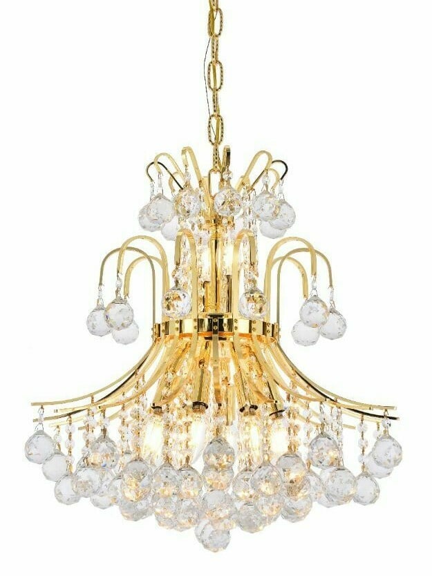 Toureg Gold Crystal 10-Light Empire Chandelier 23 Inch: Toureg Gold Crystal 10-Light Empire Chandelier 23 Inch This modern empire-style crystal pendant chandelier features a gold-plated frame adorned with royal cut clear crystal balls. Designed for indoor 