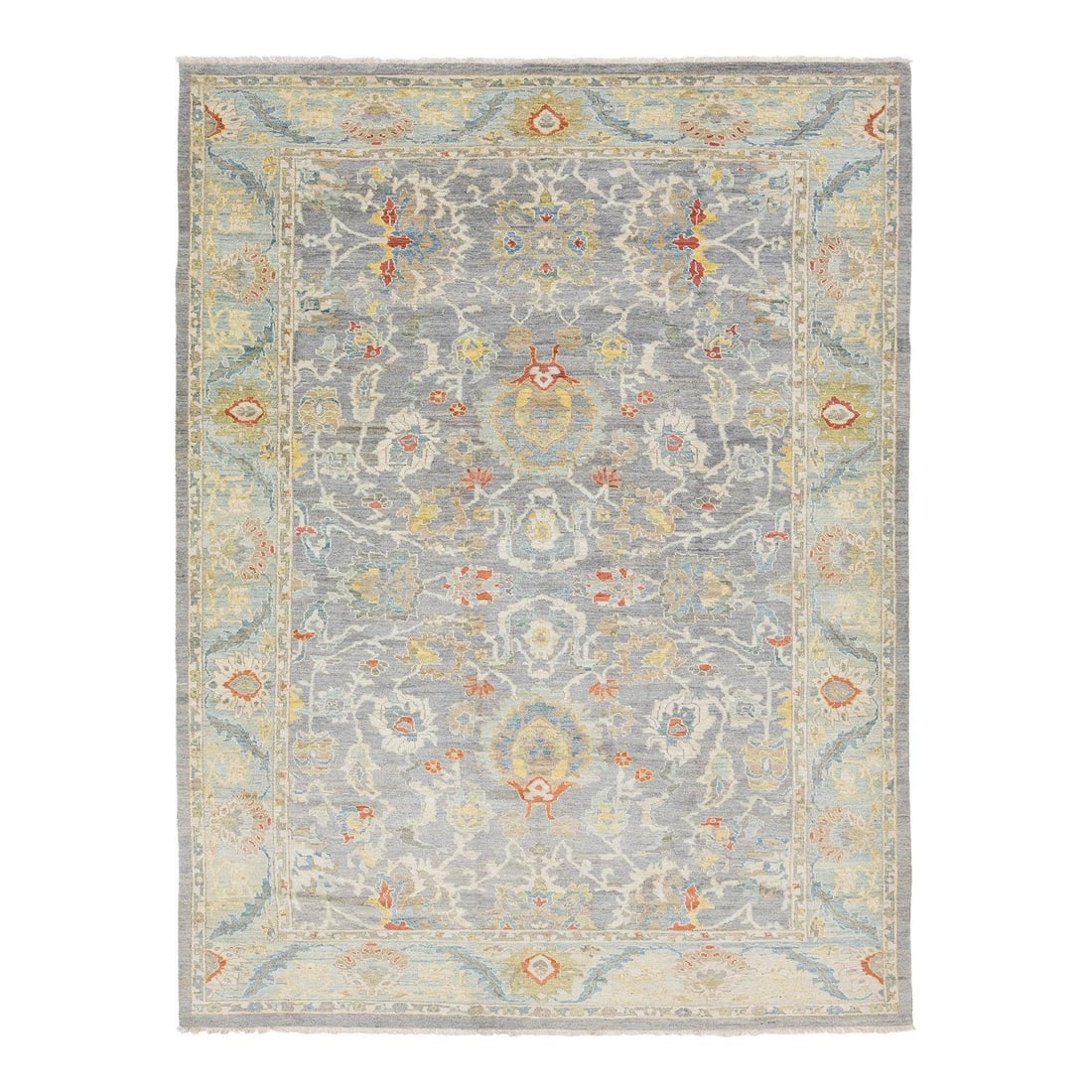Modern Sultanabad Wool Rug in Slate Gray and Gold 10'3 x 13'7: Modern Sultanabad Wool Rug in Slate Gray and Gold 10'3 x 13'7 This hand-knotted Modern Sultanabad wool area rug features a refined slate gray field with large-scale palmettes and scrolling vines, insp