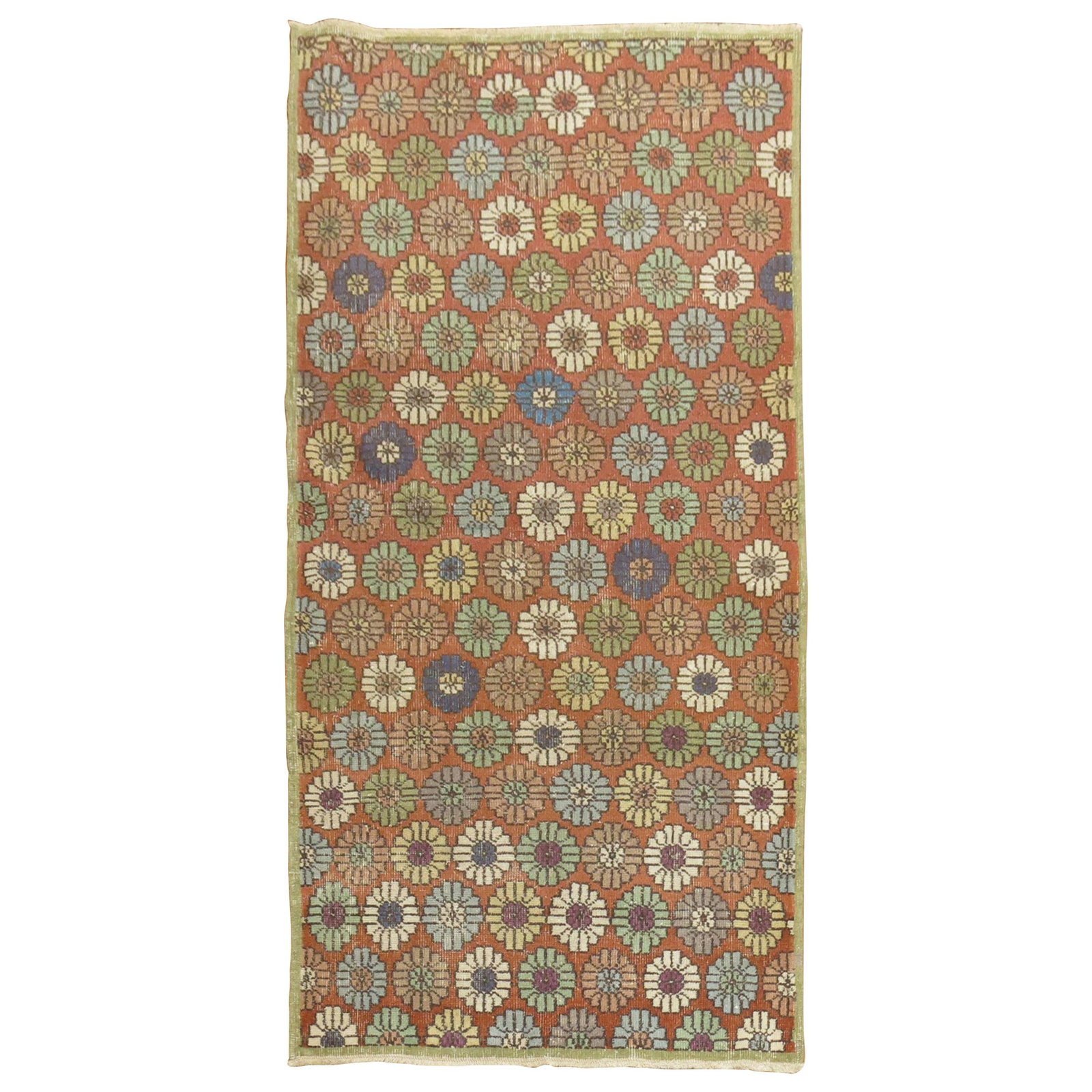Mid Century Turkish Wool Hand Knotted Runner 44 x 82 in: Mid Century Turkish Wool Hand Knotted Runner 44 x 82 in This soft red Turkish Deco rug is a mid-century modern piece from the 1960s, crafted in Turkey. Hand-knotted from wool, it features an all-over 