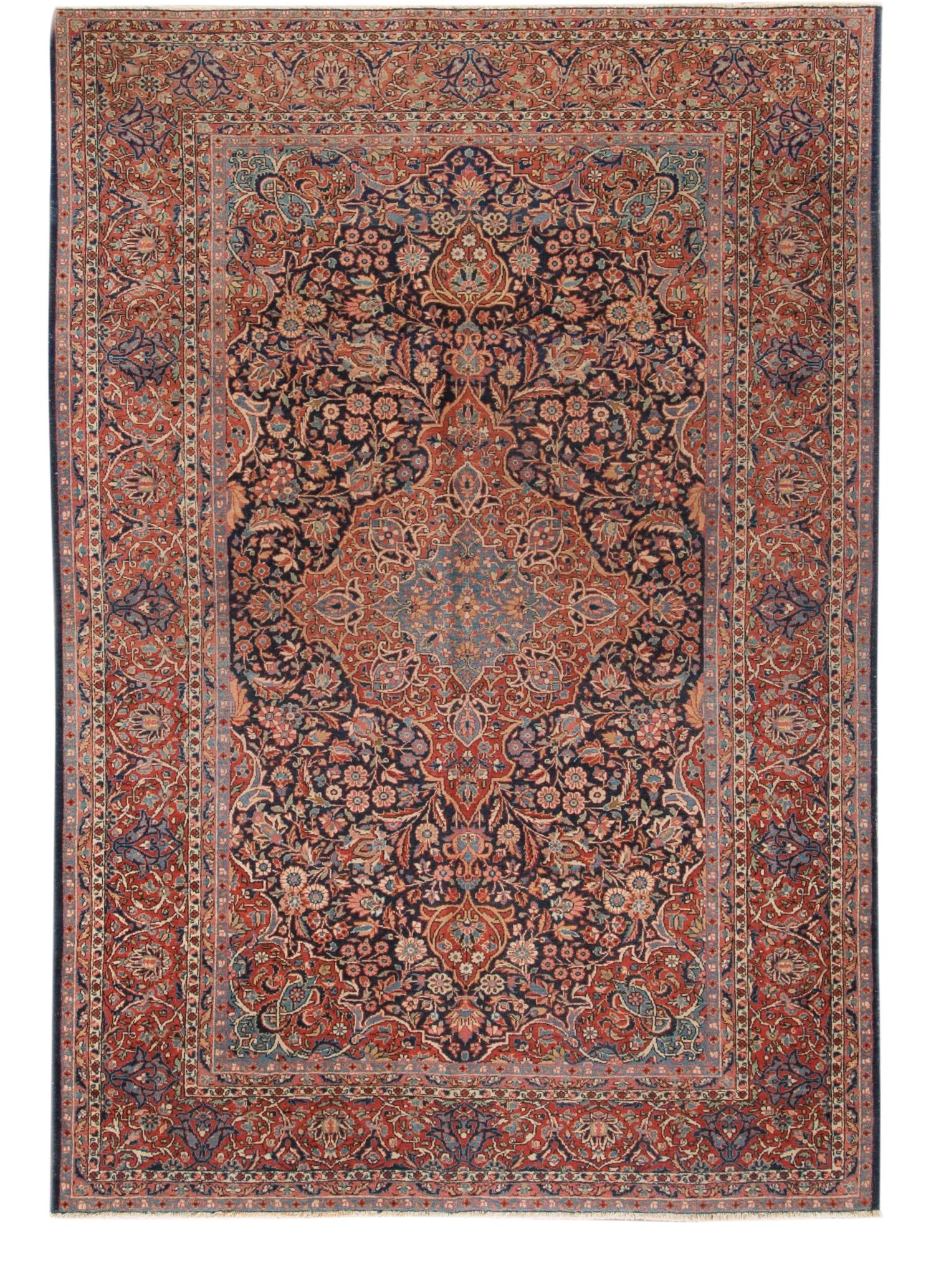 Antique Persian Kashan Handmade Wool Medallion Rug 4'5 x 6'6 Blue Red: Antique Persian Kashan Handmade Wool Medallion Rug 4'5 x 6'6 Blue Red This stunning Antique Persian Kashan rug showcases a beautifully hand-knotted wool construction, featuring a rich navy blue field 