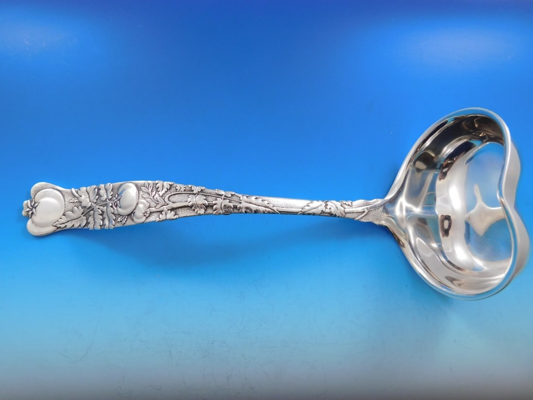 Tiffany & Co Vine Sterling Silver Soup Ladle Heart Shaped 12 inch: Tiffany & Co Vine Sterling Silver Soup Ladle Heart Shaped 12 inch Discover the exquisite Vine soup ladle by Tiffany & Co., crafted from high-quality sterling silver. This elegant ladle, measuring 12 i