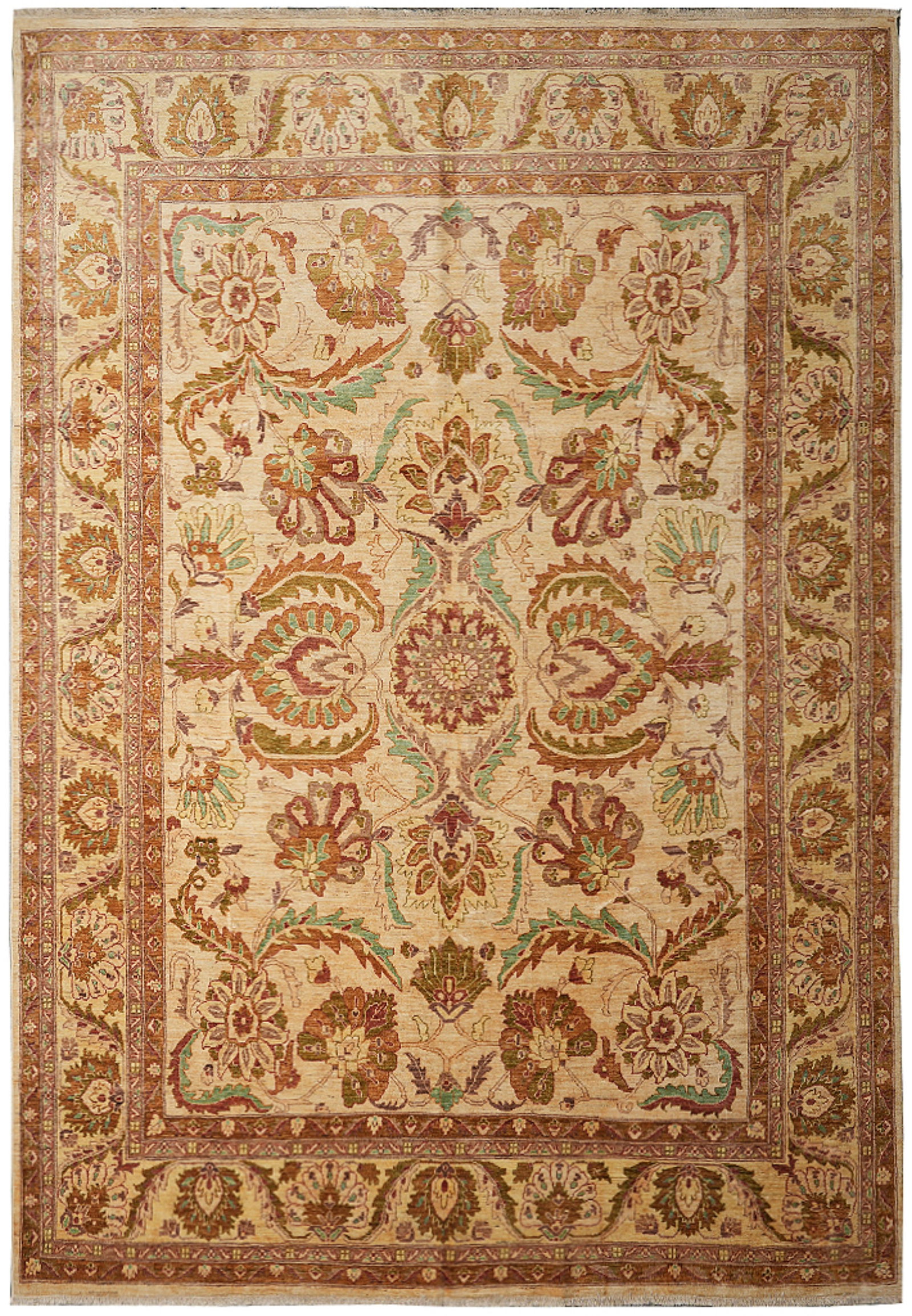 Zigler Chobi Hand Knotted Wool Rug 107 x 139 Beige Gold Pakistan: Zigler Chobi Hand Knotted Wool Rug 107 x 139 Beige Gold Pakistan Free continental US Shipping This Zigler Chobi area rug features a bold and vine pattern with beige, gold, rust, olive green, and mint 