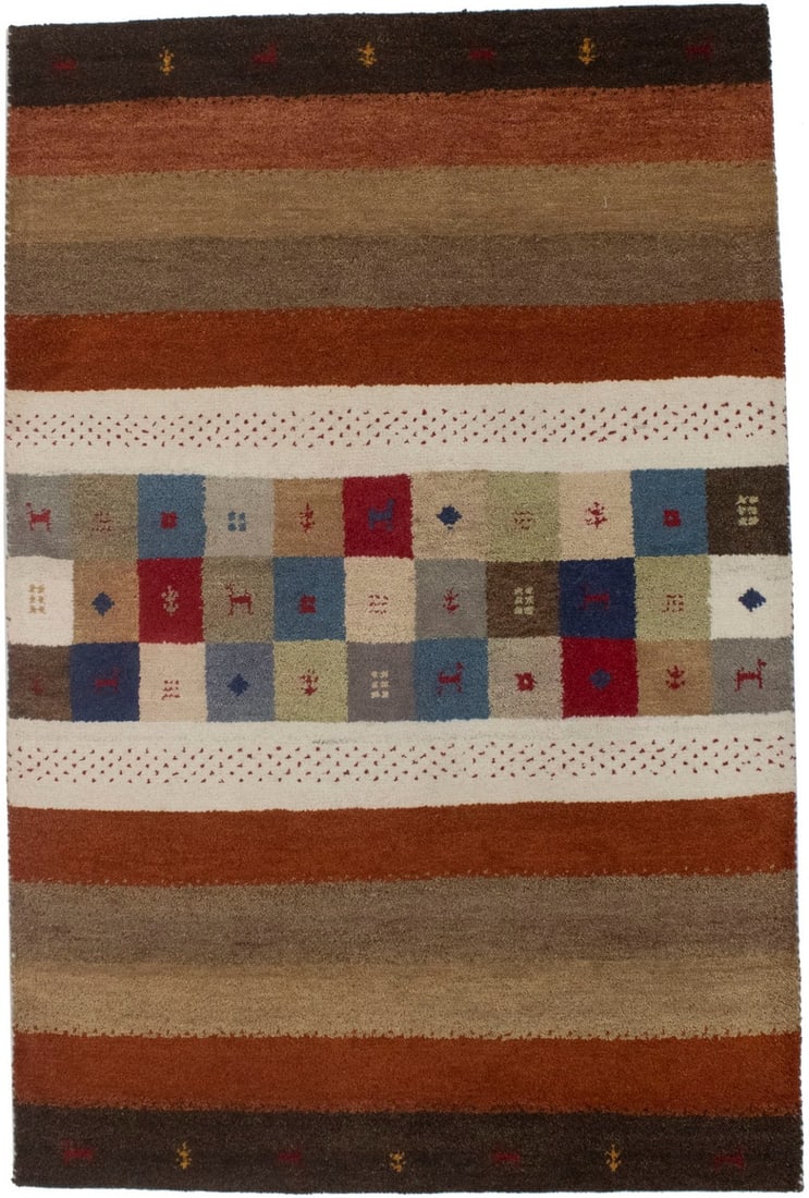 Handmade Indo-Gabbeh Wool Rug Multicolored Stripes Tribal Design 4'1 x 6'1: Handmade Indo-Gabbeh Wool Rug Multicolored Stripes Tribal Design 4'1 x 6'1 Enhance your living space with this exquisite Handmade Indo-Gabbeh Oriental Rug, featuring vibrant multicolored stripes that 