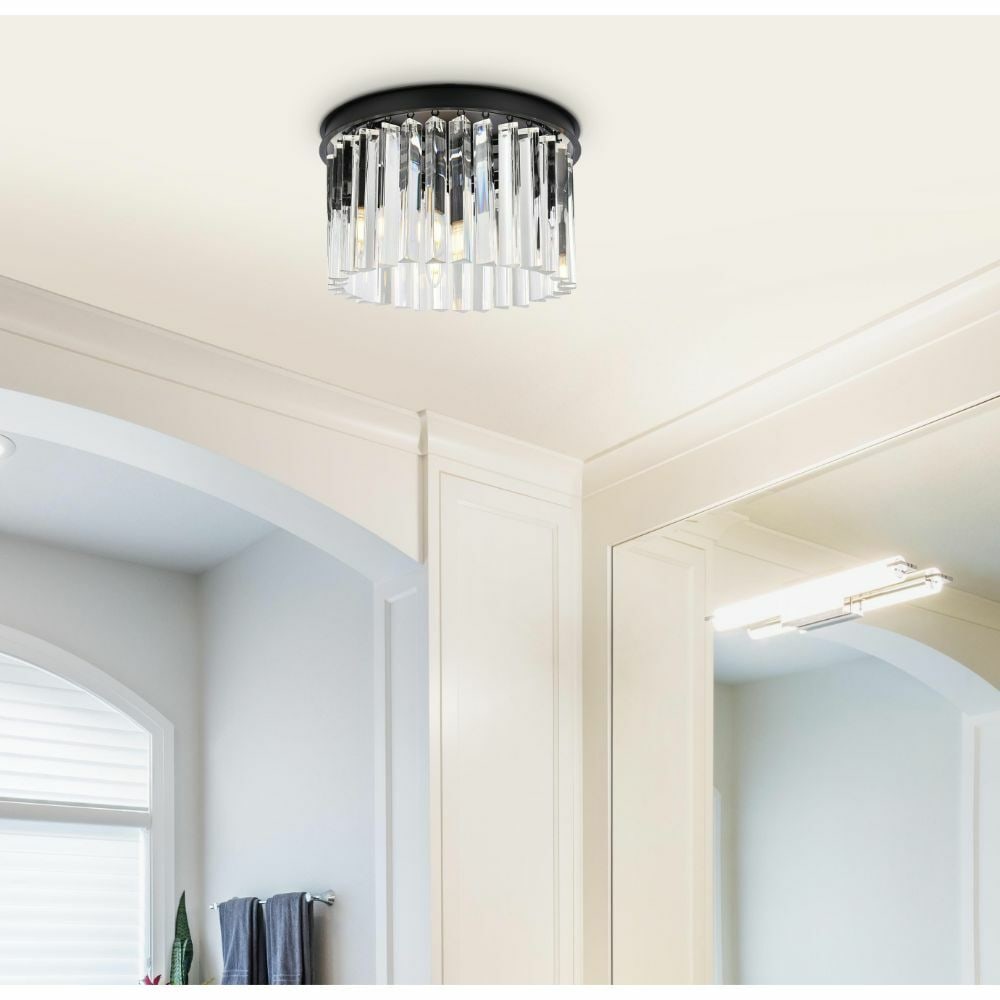 Sydney 3 Light Matte Black Crystal Flush Mount Chandelier 16: Sydney 3 Light Matte Black Crystal Flush Mount Chandelier 16 This contemporary flush mount chandelier features a matte black frame adorned with high-quality clear crystals, offering a modern and elega