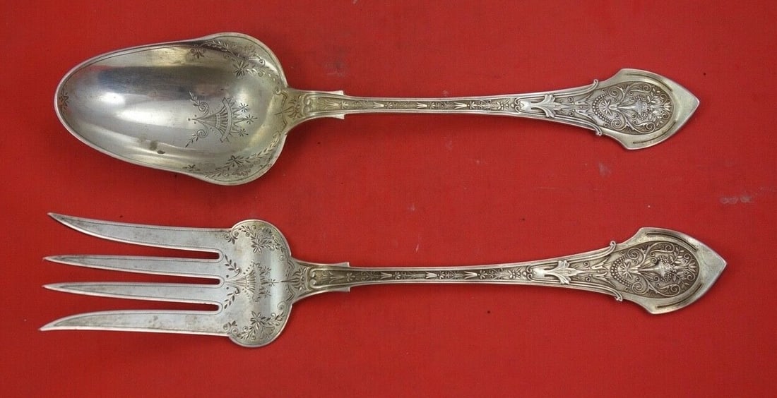 Wood & Hughes Angelo Sterling Silver Salad Serving Set 8 3/4": Wood & Hughes Angelo Sterling Silver Salad Serving Set 8 3/4" This exquisite salad serving set, crafted by Wood & Hughes, features a beautiful bright cut bowl measuring 8 3/4 inches. The set showcases