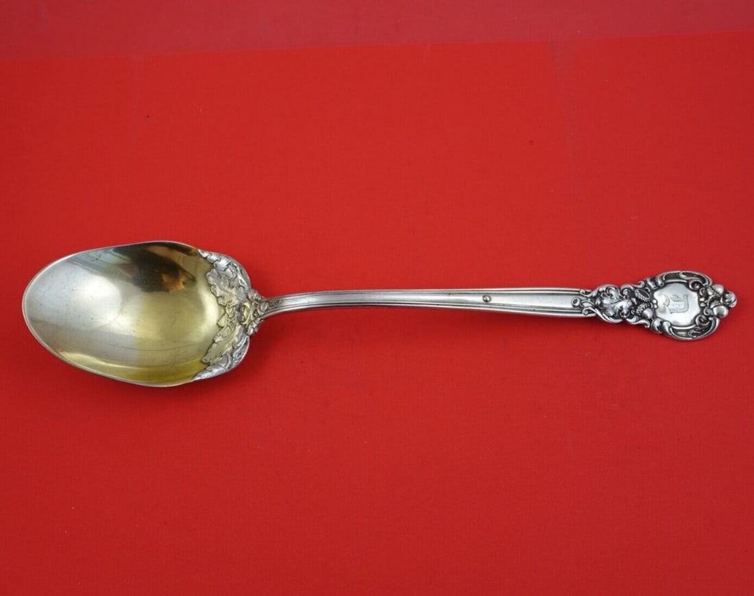 Gorham Royal Oak Sterling Silver Stuffing Spoon Gold Washed 12 1/4": Gorham Royal Oak Sterling Silver Stuffing Spoon Gold Washed 12 1/4" Introducing a stunning Royal Oak serving spoon by Gorham, crafted from premium sterling silver with a luxurious gold wash finish. Th