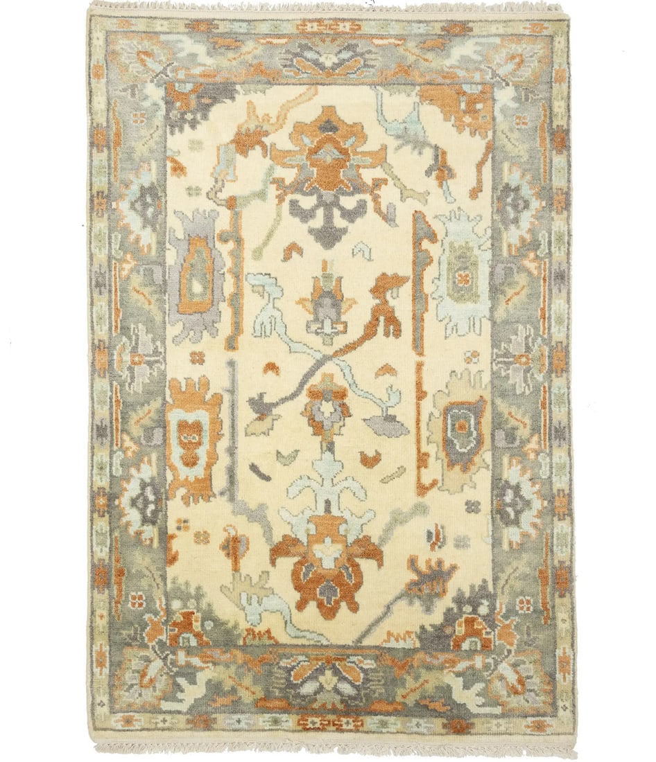 Handmade Floral Oushak Chobi Area Rug 4x6 ft Wool Eco Friendly: Handmade Floral Oushak Chobi Area Rug 4x6 ft Wool Eco Friendly Enhance your space with this stunning handmade floral design Oushak Chobi rug. Measuring 3'11 x 5'10, this area rug features a beautiful 