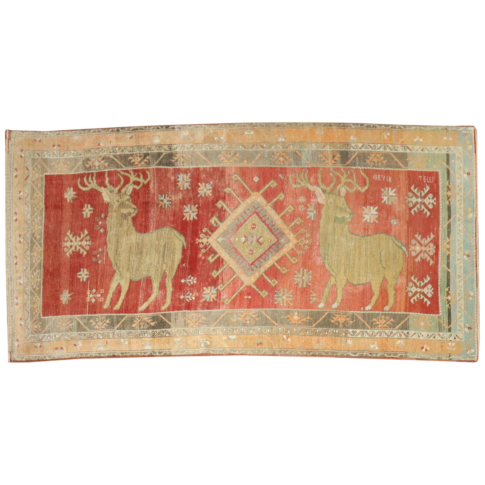 Mid-20th Century Turkish Pictorial Rug with Deer Design: Mid-20th Century Turkish Pictorial Rug with Deer Design This exquisite large Turkish pictorial rug features a captivating design with two majestic deer surrounded by intricate borders and a prominent 