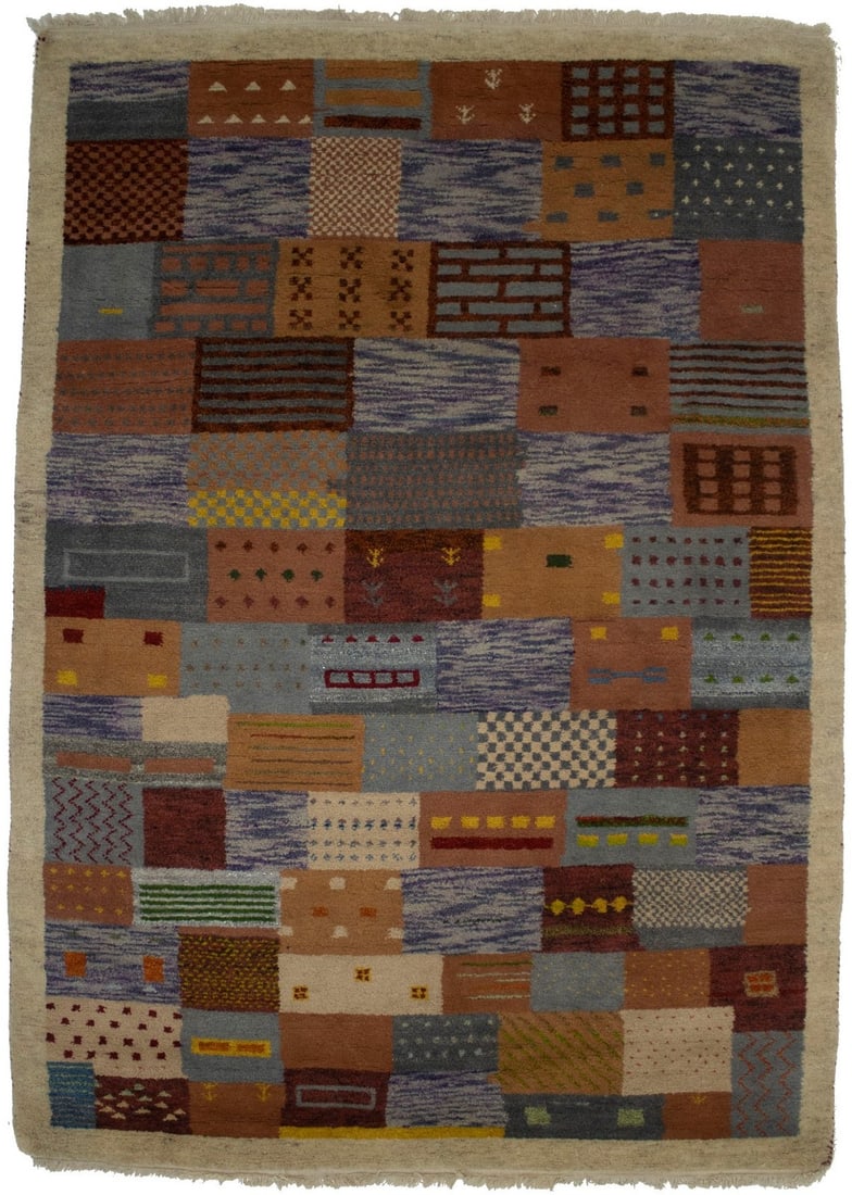 Wool Hand-Knotted Indo-Gabbeh Area Rug Multicolor Checkered 5'8 x 7'11: Wool Hand-Knotted Indo-Gabbeh Area Rug Multicolor Checkered 5'8 x 7'11 This handmade Indo-Gabbeh area rug features a vibrant checkered tribal design, crafted using a hand-knotted technique from high-q