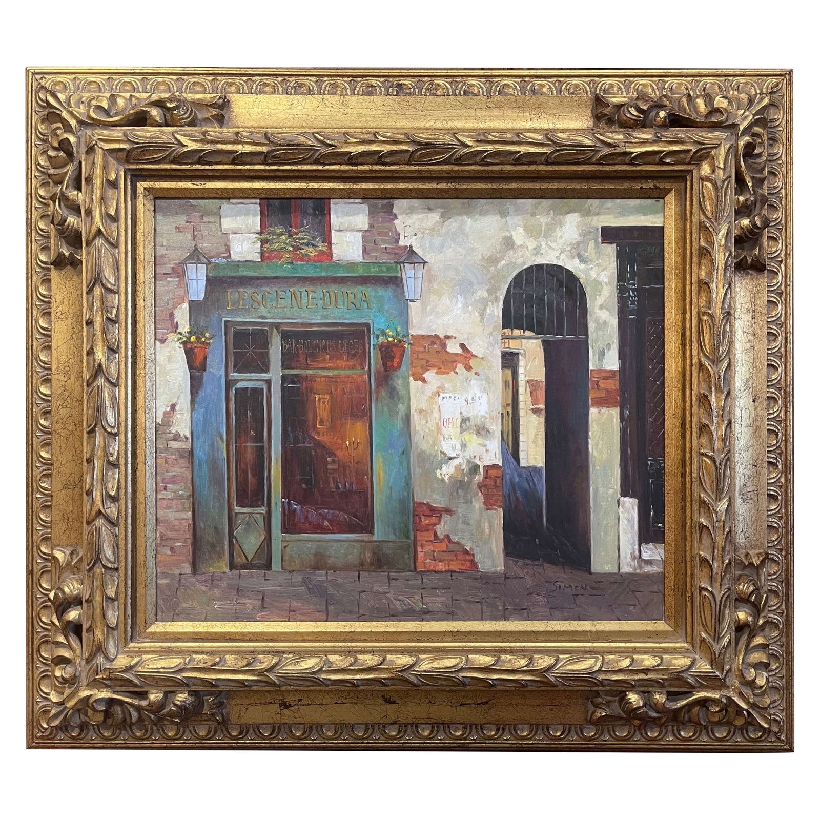 Paris Street Scene Oil Painting Signed Simon in Ornate Giltwood Frame: Paris Street Scene Oil Painting Signed Simon in Ornate Giltwood Frame This vintage French oil painting, created in 1990, depicts a charming Parisian shop set along a cobblestone walkway. Hand-painted 