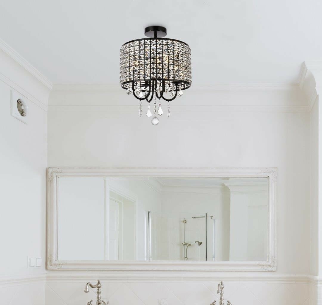 Living District Elise 4-Light Black Crystal Flush Mount 14 inch: Living District Elise 4-Light Black Crystal Flush Mount 14 inch This modern semi flush mount chandelier features a sleek black finish and sparkling royal cut clear crystals, adding a touch of elegance