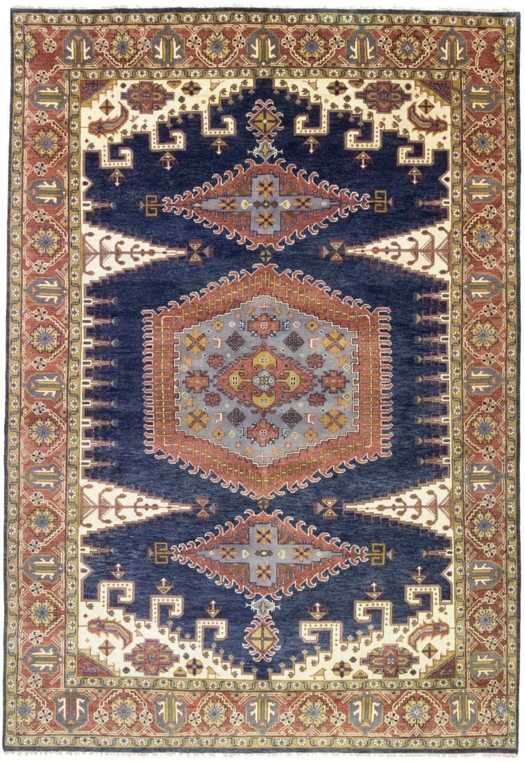 Navy Tribal Geometric Hand-Knotted Wool Area Rug 10x14 ft: Navy Tribal Geometric Hand-Knotted Wool Area Rug 10x14 ft Enhance your space with this stunning Navy Tribal Geometric Design Indo-Viss Oriental Rug, ideal for a farmhouse aesthetic. Measuring 9'9" x 1