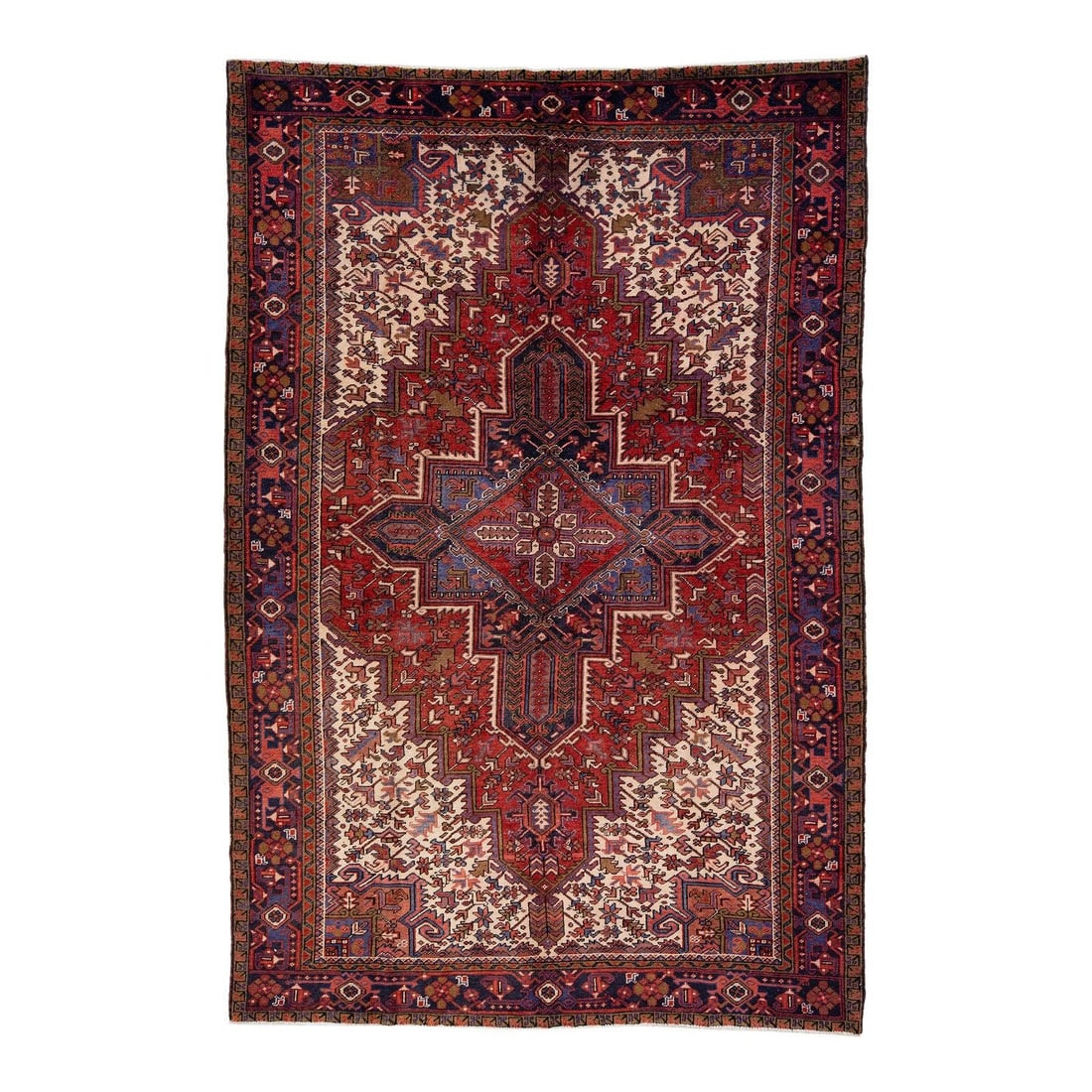 Vintage Persian Heriz Handmade Wool Rug 8' x 12' Red: Vintage Persian Heriz Handmade Wool Rug 8' x 12' Red Enhance your space with this exquisite vintage Heriz Persian wool rug. Featuring a captivating rich red and beige field, this rug showcases an intr