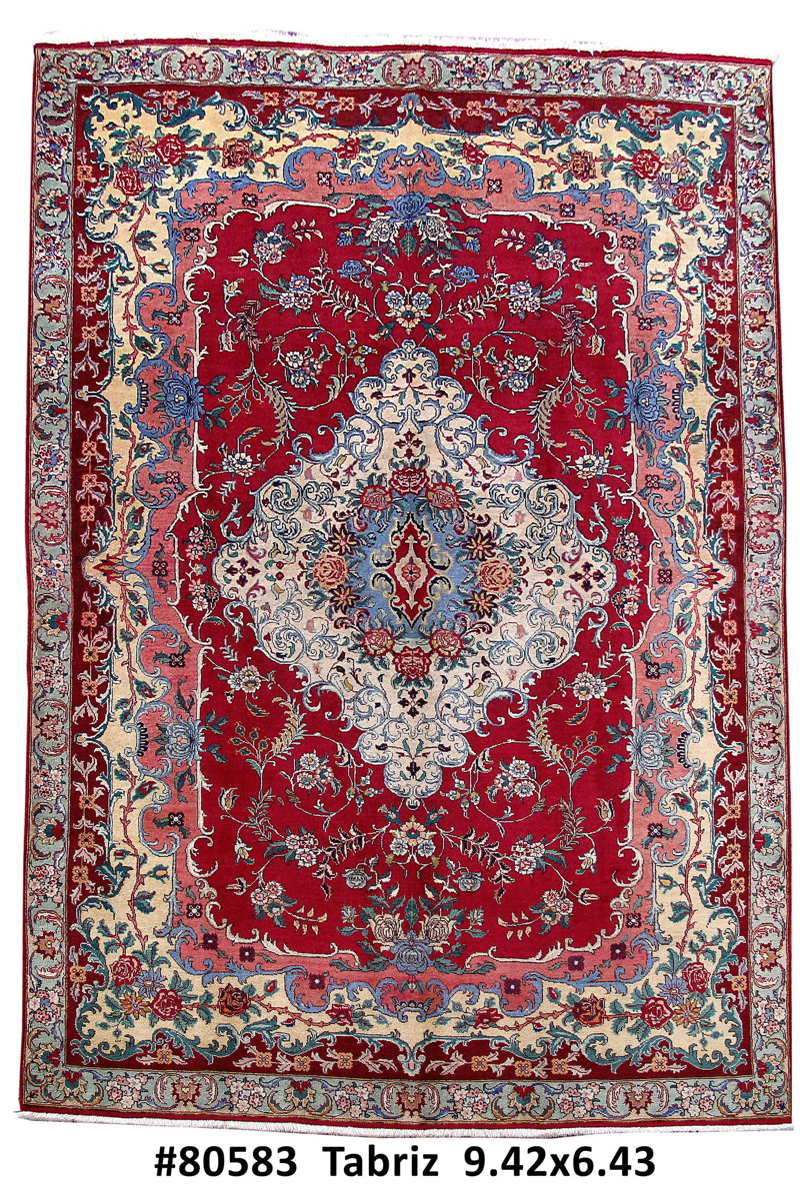 6.5 x 9.5 Hand-Knotted Persian Tabriz Rug Premium Wool Red Blue Ivory: 6.5 x 9.5 Hand-Knotted Persian Tabriz Rug Premium Wool Red Blue Ivory Free continental US Shipping Experience the timeless elegance of this 6.5 x 9.5 Persian Tabriz Rug, meticulously handcrafted by sk