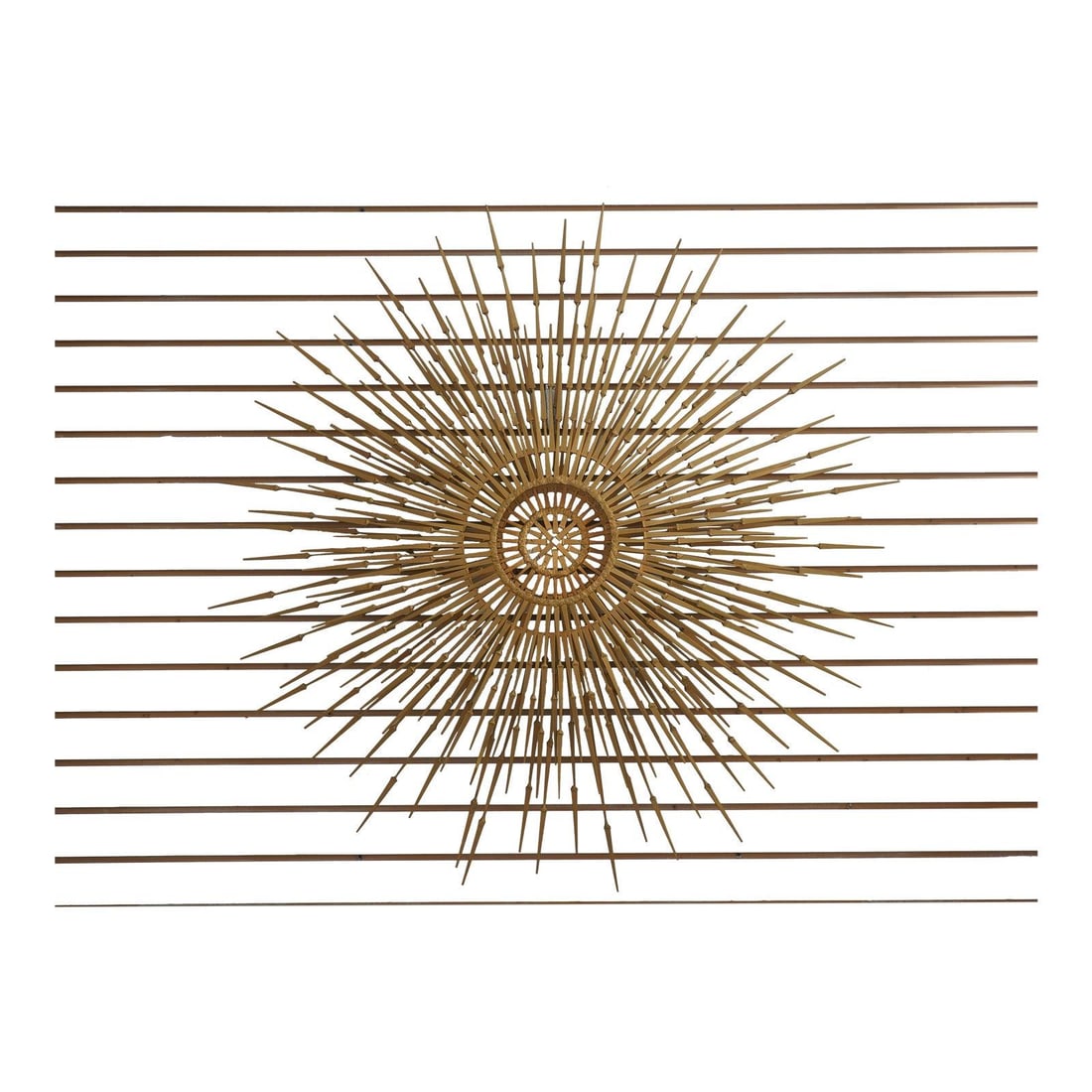 Brutalist Iron Sunburst Wall Sculpture in the Manner of William Bowie: Brutalist Iron Sunburst Wall Sculpture in the Manner of William Bowie This Mid Century Modern Brutalist sunburst sculpture features a striking gold finish over iron. Showcasing design characteristics 