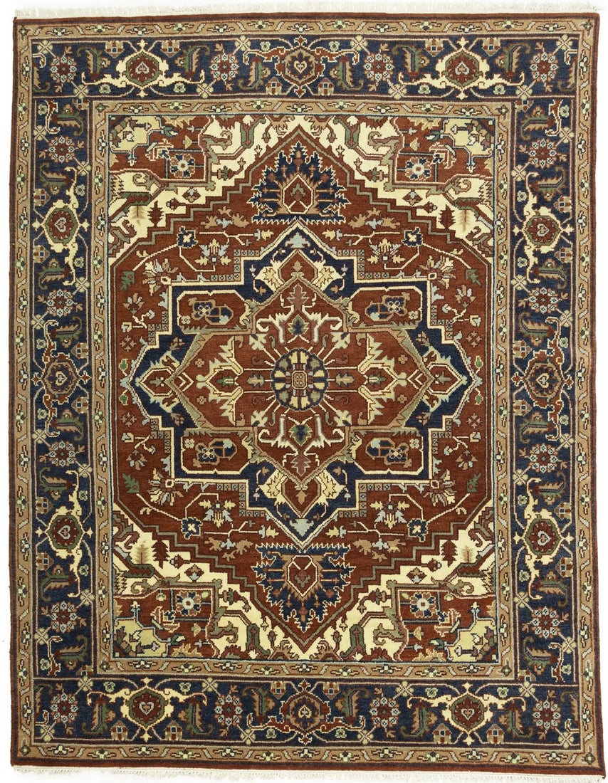 Floral Wool Area Rug Hand-Knotted Heriz Serapi Design 7'9 x 10'0: Floral Wool Area Rug Hand-Knotted Heriz Serapi Design 7'9 x 10'0 This is a handmade Heriz Serapi-style area rug featuring a floral pattern in a blend of rusty red, dark navy, beige, green, cream, and 