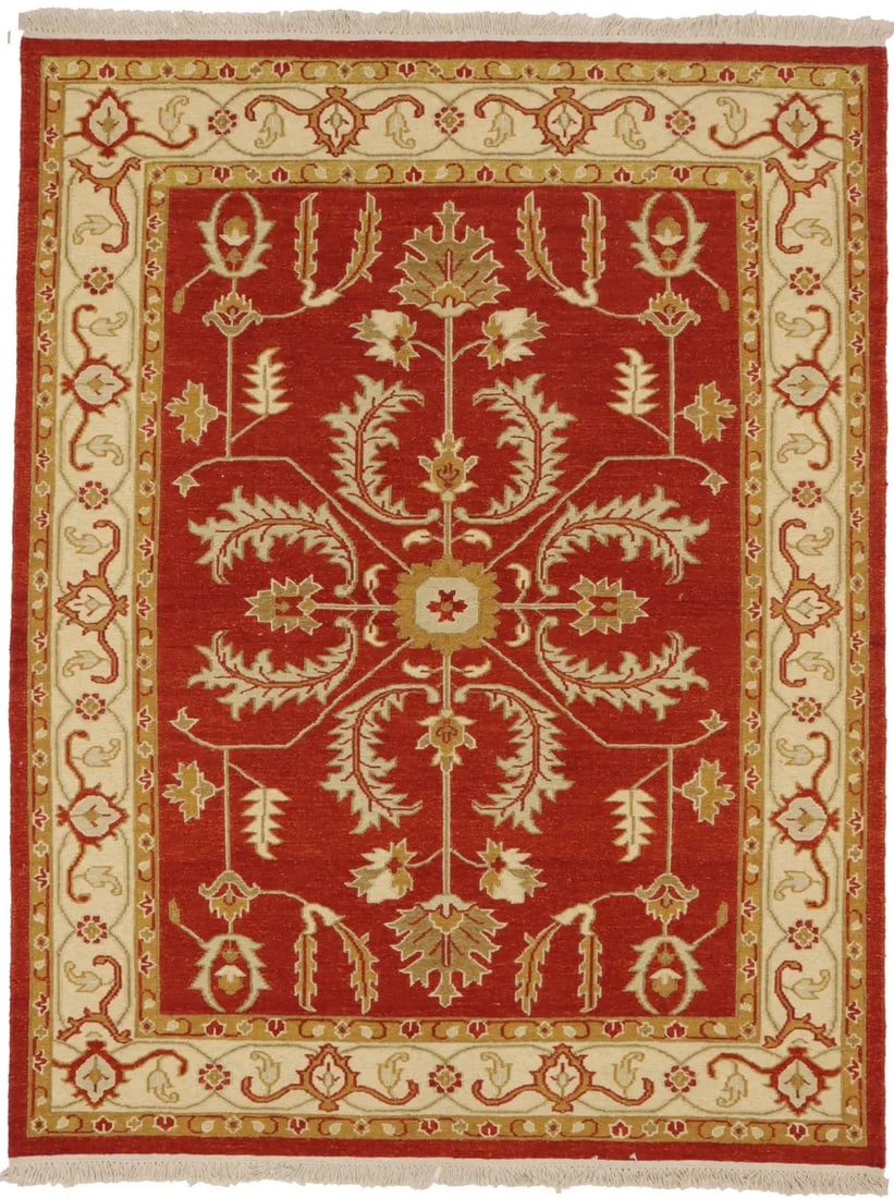 5'0 x 6'5 Hand-Knotted Sumak Floral Area Rug Orange Red Wool: 5'0 x 6'5 Hand-Knotted Sumak Floral Area Rug Orange Red Wool This partially woven Sumak rug features a vibrant orange-red floral design, blending modern and traditional styles. Hand-knotted from wool,