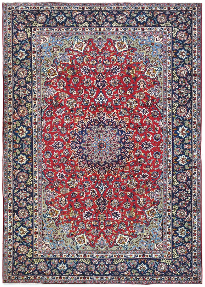 9'4 x 13'1 Wool Hand-Knotted Oriental Area Rug Vintage Floral Pattern: 9'4 x 13'1 Wool Hand-Knotted Oriental Area Rug Vintage Floral Pattern This vintage handmade area rug features a traditional floral design in rich shades of red, dark navy, cream, light blue, gold, car