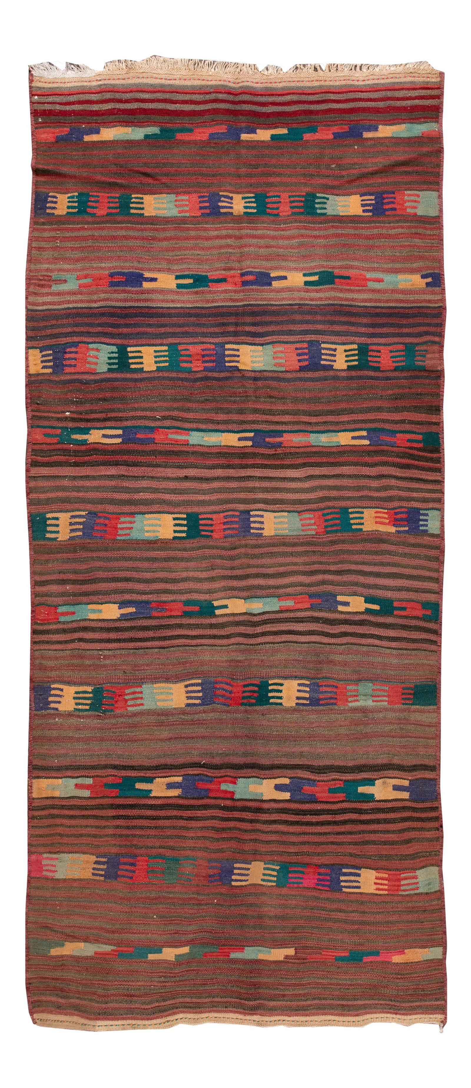 Hand-Woven Vintage Kilim Runner Rug 4'9" x 11'3" Wool Tan Multi-Color: Hand-Woven Vintage Kilim Runner Rug 4'9" x 11'3" Wool Tan Multi-Color Discover the charm of this mid-20th century vintage Kilim runner rug, exquisitely hand-woven with a tan field and vibrant multi-co