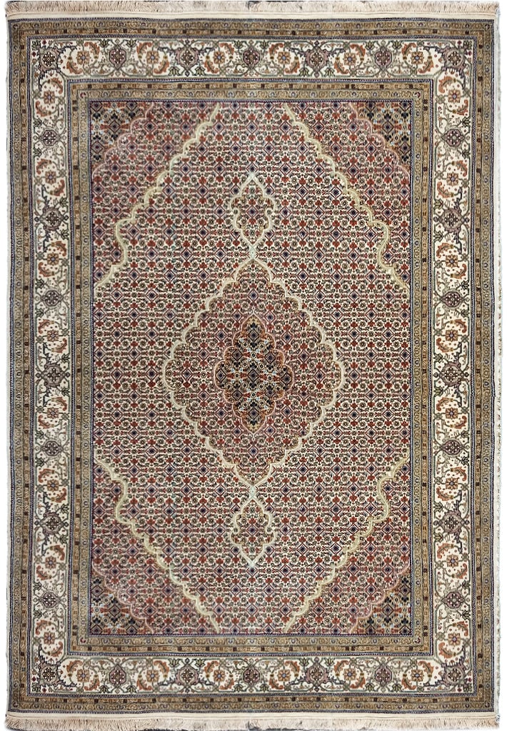 5.7 x 7.11 Multi Color Tabriz Mahi Hand-Knotted Wool Silk Area Rug: 5.7 x 7.11 Multi Color Tabriz Mahi Hand-Knotted Wool Silk Area Rug Free continental US Shipping Elevate your home decor with this exquisite 5.7 x 7.11 Multi Color Tabriz Mahi Wool & Silk Rug. This han
