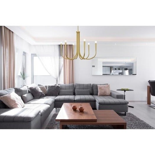 Living District Layne 6 Light Brass Chandelier 30 Inch: Living District Layne 6 Light Brass Chandelier 30 Inch This 6-light chandelier features a brass color metal frame in a farmhouse style reminiscent of wrought iron. It is designed for indoor use and is