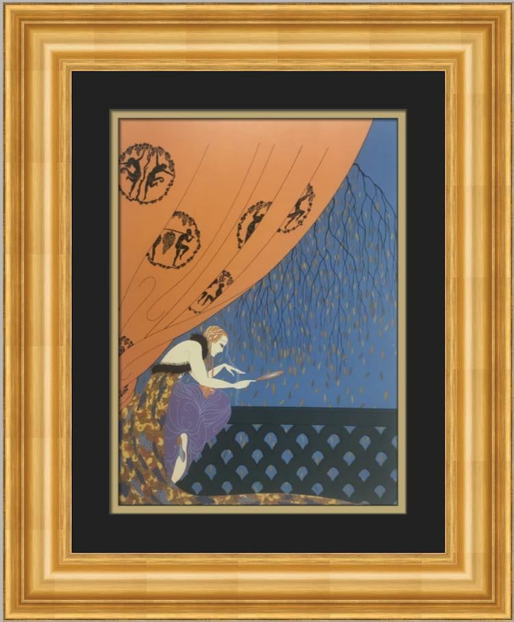Erte Fall Art Deco Custom Framed Lithograph Print 18 x 21: Erte Fall Art Deco Custom Framed Lithograph Print 18 x 21 This exquisite Erte Fall custom framed print showcases the elegance of Art Deco style. Created by renowned artist Erte, this reproduction is p