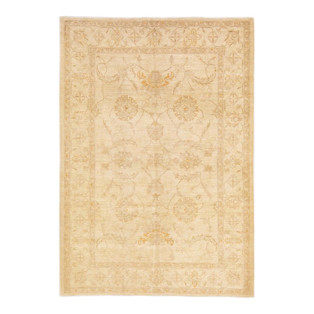 Modern Oushak Hand-Knotted Floral Wool Rug 6'10 x 9'9 Beige: Modern Oushak Hand-Knotted Floral Wool Rug 6'10 x 9'9 Beige Enhance your living space with this beautiful modern Oushak hand-knotted wool rug. Featuring a soft beige field adorned with elegant brown a