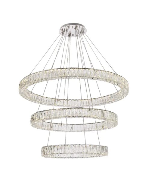 Monroe Chrome Crystal LED Chandelier 41 inch Wide Modern Foyer Light: Monroe Chrome Crystal LED Chandelier 41 inch Wide Modern Foyer Light This large modern chandelier features a chrome-plated frame adorned with four tiers of royal-cut clear crystals, creating a strikin