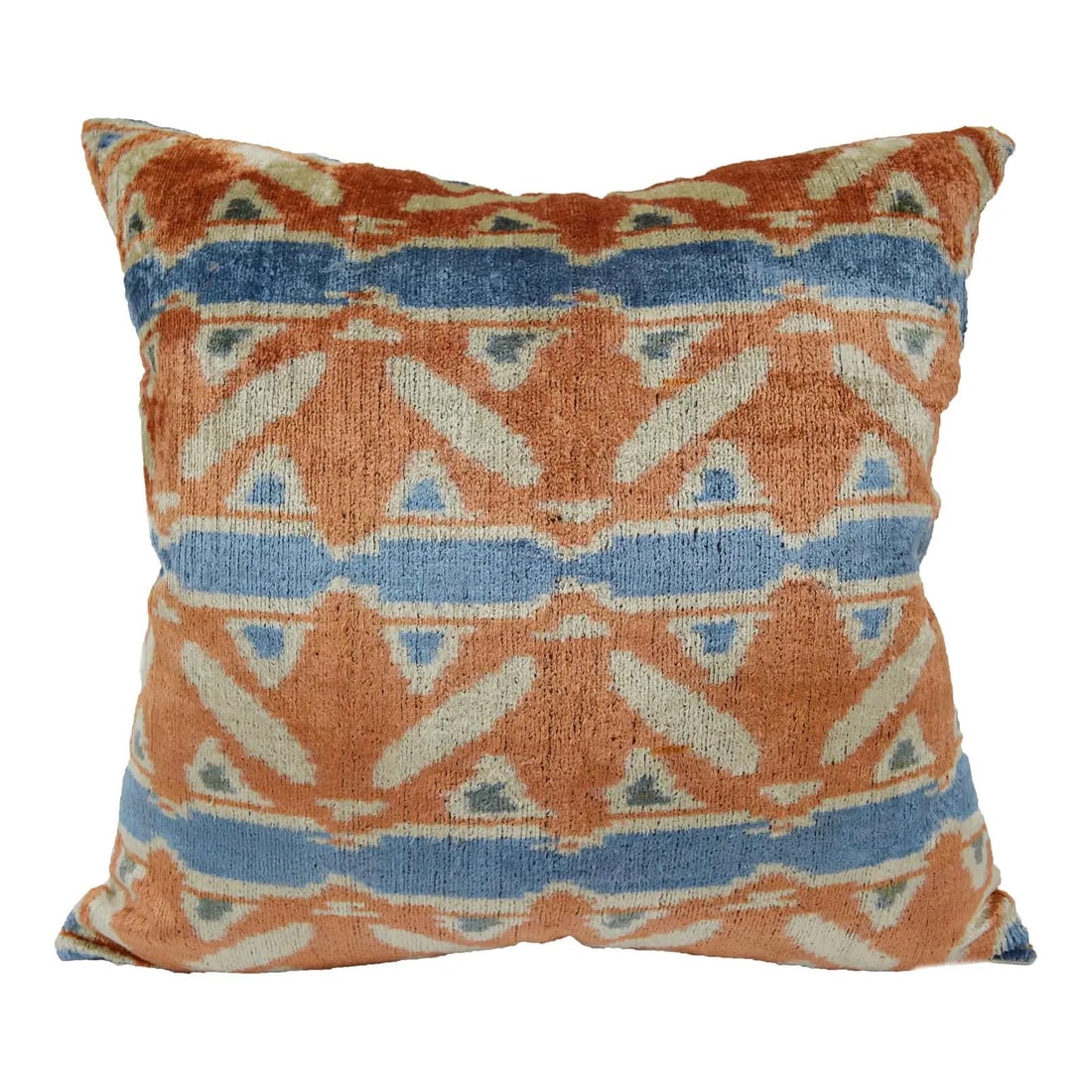 Orange Silk Ikat Velvet Pillow With Linen Backing And Feather Insert: Orange Silk Ikat Velvet Pillow With Linen Backing And Feather Insert This hand-made square pillow cushion features a vibrant orange Uzbek Ikat velvet front, complemented by a natural linen backing and