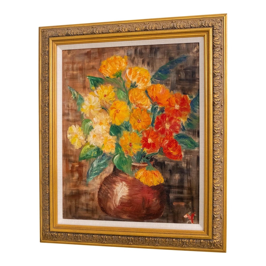Ornate Gold Tone Framed Floral Still Life Oil Painting: Ornate Gold Tone Framed Floral Still Life Oil Painting This exquisite ornate framed floral still life oil painting, approximately 40 years old, showcases a vibrant bouquet of red, orange, and yellow m