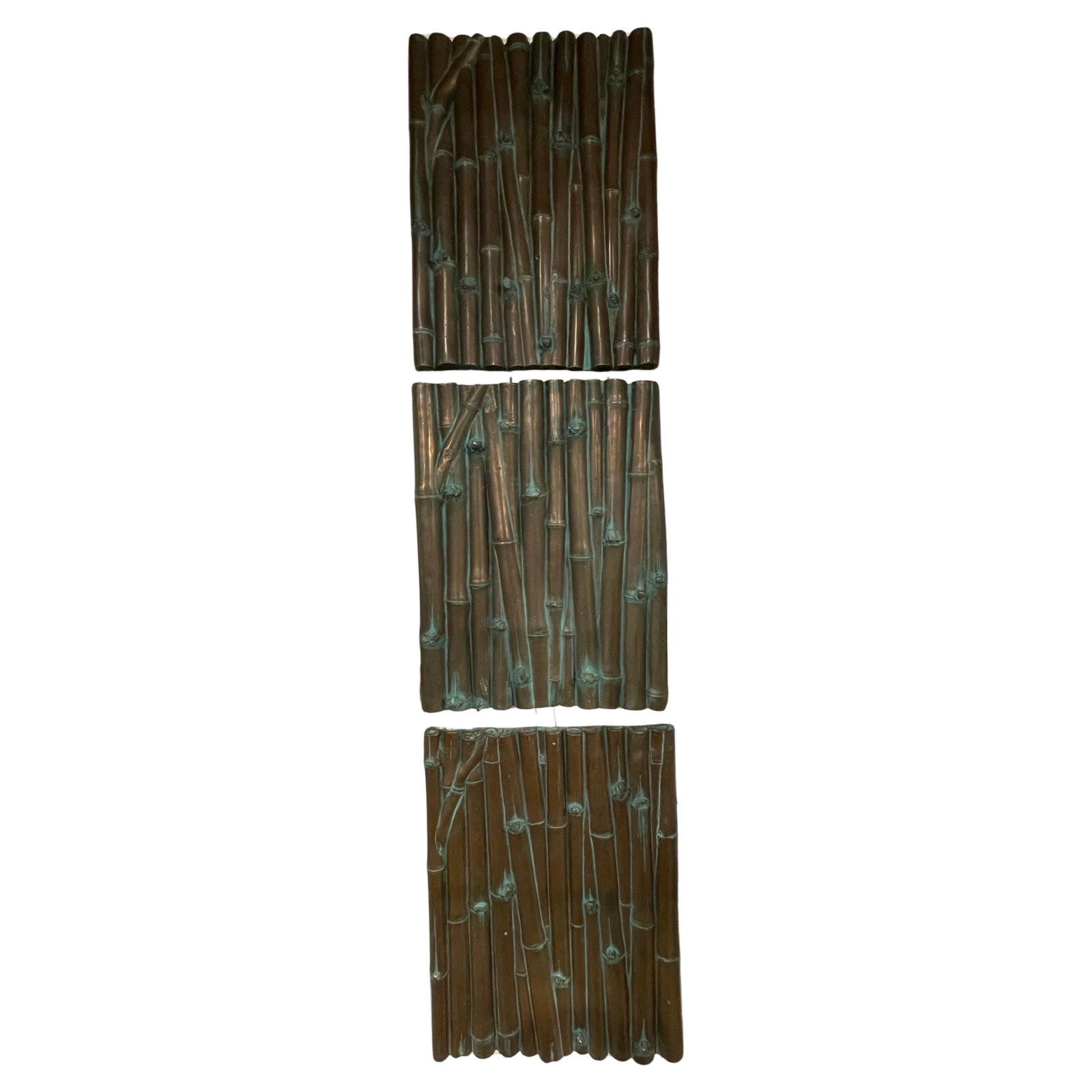 Mid-Century Modern Set of 3 Bronze Clad Bamboo Wall Panels: Mid-Century Modern Set of 3 Bronze Clad Bamboo Wall Panels Enhance your living space with this exquisite set of three Bronze Clad Bamboo Relief Wall Panel Sculptures, a hallmark of Mid-Century Modern 