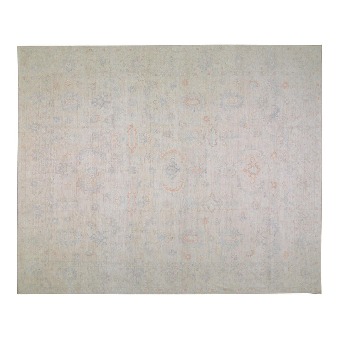 Hand-Knotted Wool Oushak Rug in Gray 12'1" x 14'8": Hand-Knotted Wool Oushak Rug in Gray 12'1" x 14'8" This Turkish Oushak rug is hand-knotted from wool, showcasing traditional craftsmanship with a modern design aesthetic. Its soft gray color and rich 