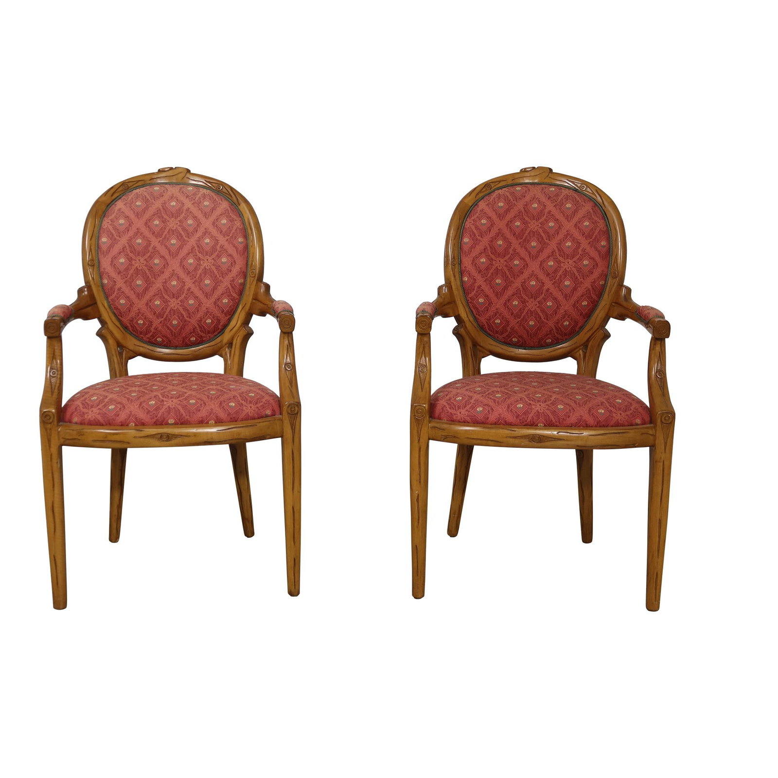 Elegant Branch Carved Modern Design Armchairs Pair: Elegant Branch Carved Modern Design Armchairs Pair This exquisite pair of modern design armchairs showcases a unique branch-carved frame, adding a touch of nature-inspired elegance to your decor. Appr