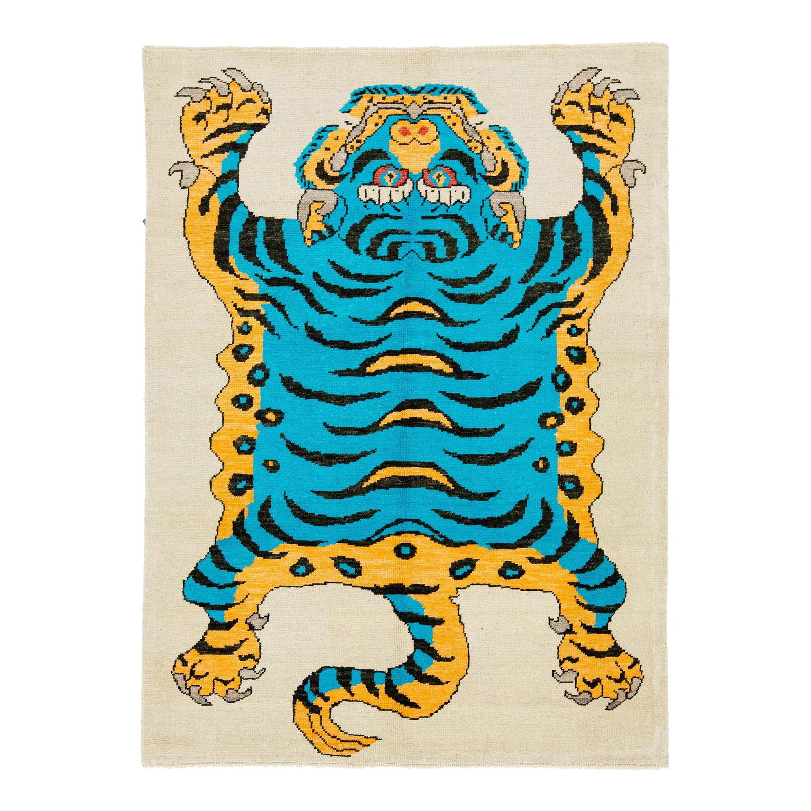 Handmade Turkish Art Deco Wool Rug Beige Tiger Design 5'3 x 7'2: Handmade Turkish Art Deco Wool Rug Beige Tiger Design 5'3 x 7'2 Enhance your space with this exquisite handmade Turkish Art Deco wool rug featuring a striking tiger pictorial design. The beige field i