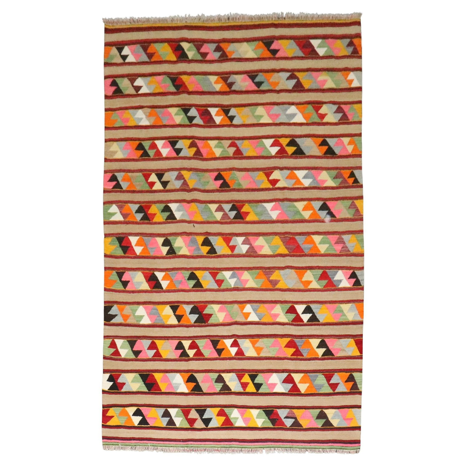 Mid-20th Century Turkish Wool Kilim Flatweave Rug 5'5" x 8'11": Mid-20th Century Turkish Wool Kilim Flatweave Rug 5'5" x 8'11" This vintage Turkish Kilim flatweave rug dates to the mid-20th century and features a traditional hand-woven design crafted from wool. Or