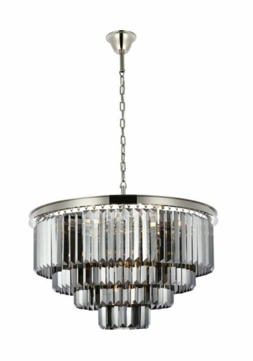 Sydney 17 Light Crystal Chandelier Polished Nickel 32 in: Sydney 17 Light Crystal Chandelier Polished Nickel 32 in This modern crystal chandelier features a polished nickel finish with 17 lights and clear silver shade crystals. It is hardwired, indoor-rated,