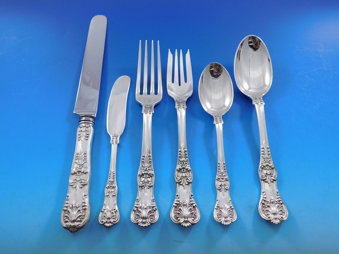 Tiffany English King Sterling Silver 74 Piece Flatware Service: Tiffany English King Sterling Silver 74 Piece Flatware Service This Tiffany & Co. English King sterling silver flatware set features 74 pieces in the iconic pattern first introduced by Tiffany in 1885