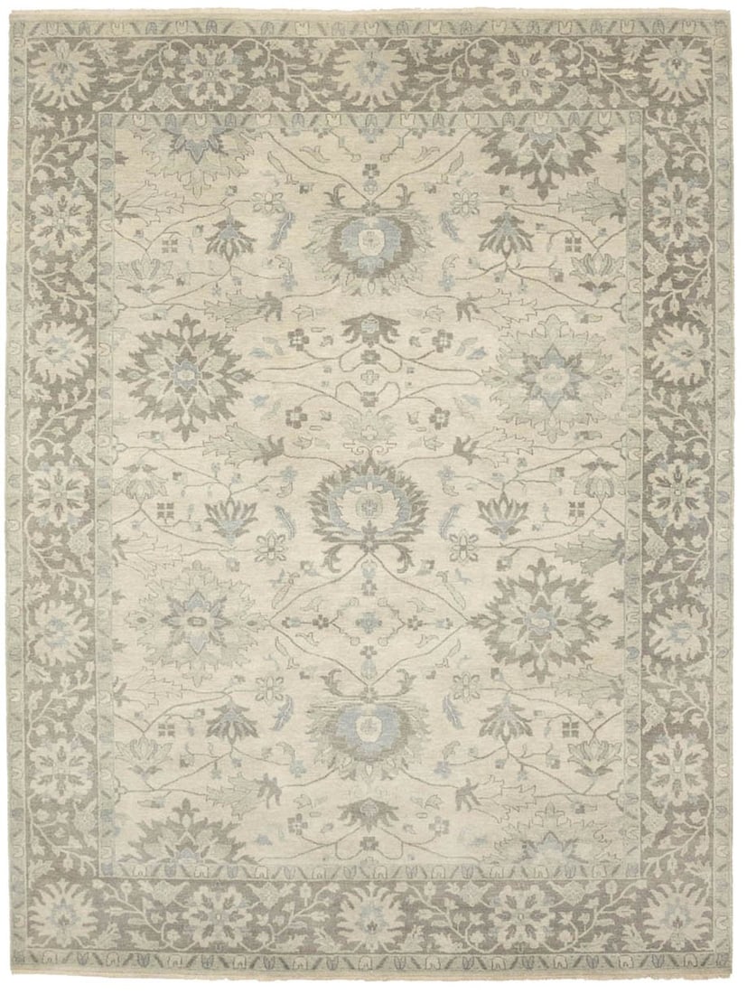 Large 9x12 Hand-Knotted Ivory Floral Area Rug India Wool: Large 9x12 Hand-Knotted Ivory Floral Area Rug India Wool Enhance your living space with this exquisite hand-knotted oriental rug, featuring a muted ivory color palette interwoven with shades of taupe,
