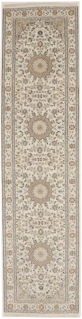 Hand-Knotted Wool Floral Runner Rug 2'7 x 10'7: Hand-Knotted Wool Floral Runner Rug 2'7 x 10'7 This Indo-Nain Oriental runner rug features a hand-knotted floral design in a palette of cream, light blue, beige, brown, green, and navy. Crafted from w