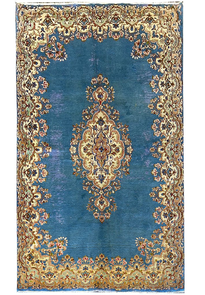 Handwoven Semi-Antique Persian Kerman Rug 4.9 x 8.3 Blue Design: Handwoven Semi-Antique Persian Kerman Rug 4.9 x 8.3 Blue Design Free continental US Shipping Enhance your living space with this exquisite Semi-Antique Persian Kerman Rug, measuring 4.9 x 8.3 feet. Ha