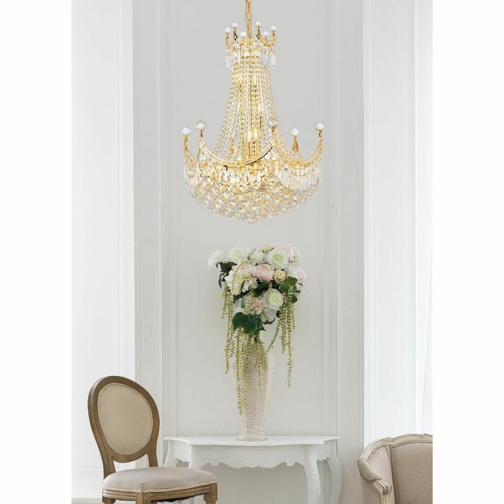 Gold Crystal Empire Chandelier 15-Light 32 Inch Height 24 Inch Width: Gold Crystal Empire Chandelier 15-Light 32 Inch Height 24 Inch Width This gold-plated crystal chandelier features a modern empire-style design and is part of the CORONA collection. Measuring 32 inches