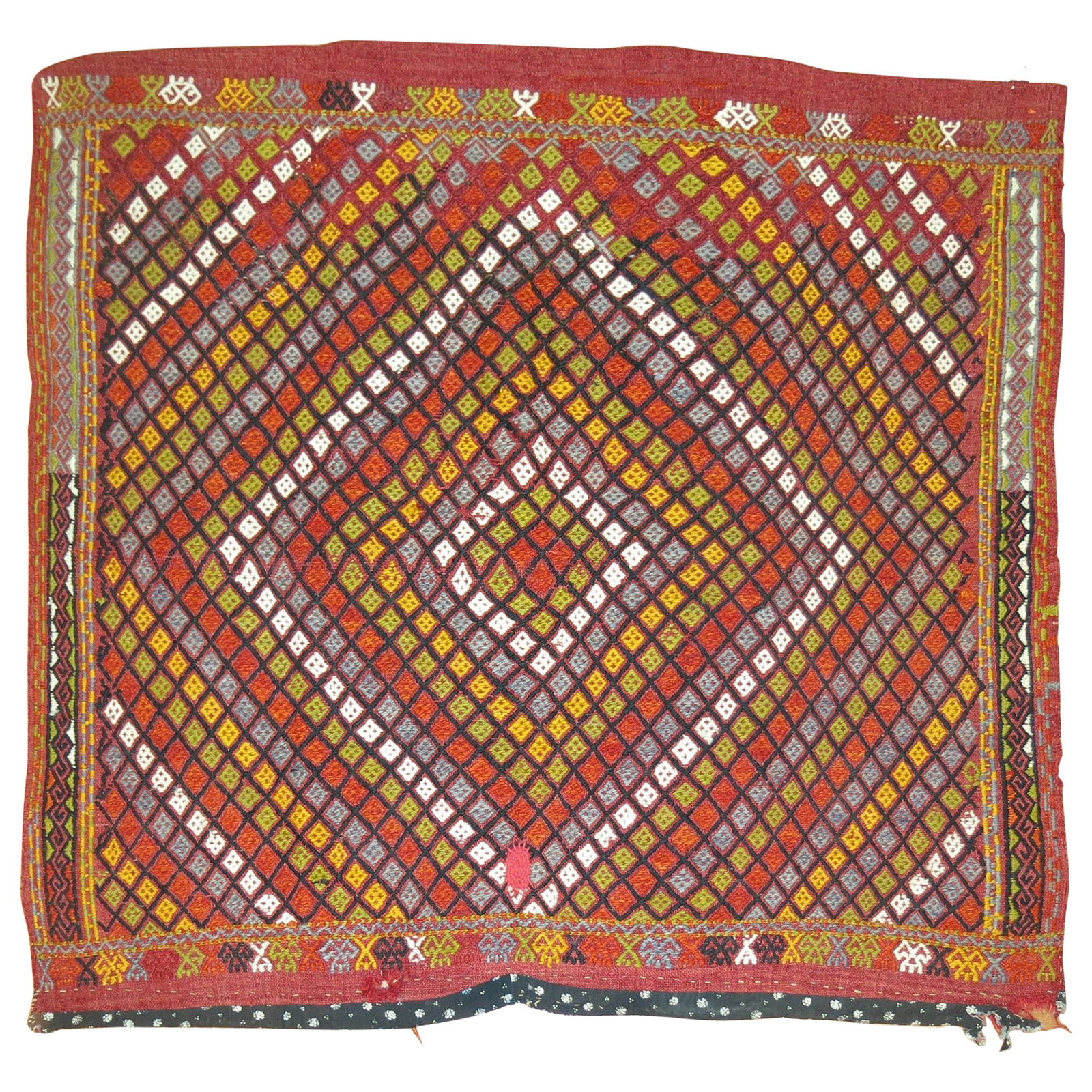 Mid-Century Turkish Jajim Wool Kilim Flat-Weave Rug 42 x 50: Mid-Century Turkish Jajim Wool Kilim Flat-Weave Rug 42 x 50 This vibrant mid-20th century Turkish Jajim is a stunning example of Kilim style, featuring a colorful geometric design with dominant accent