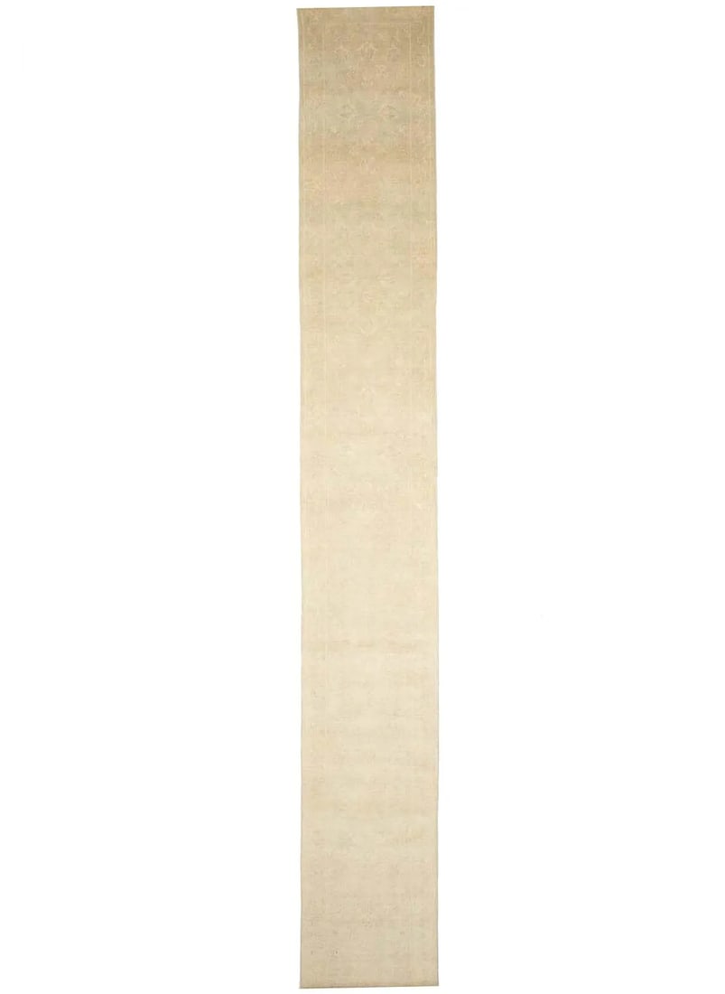 Wool 2'6 x 20'0 Transitional Floral Runner Rug: Wool 2'6 x 20'0 Transitional Floral Runner Rug This handmade transitional Oriental runner rug features a muted floral pattern in beige, cream, taupe, and other subtle tones. Hand-knotted from wool, it