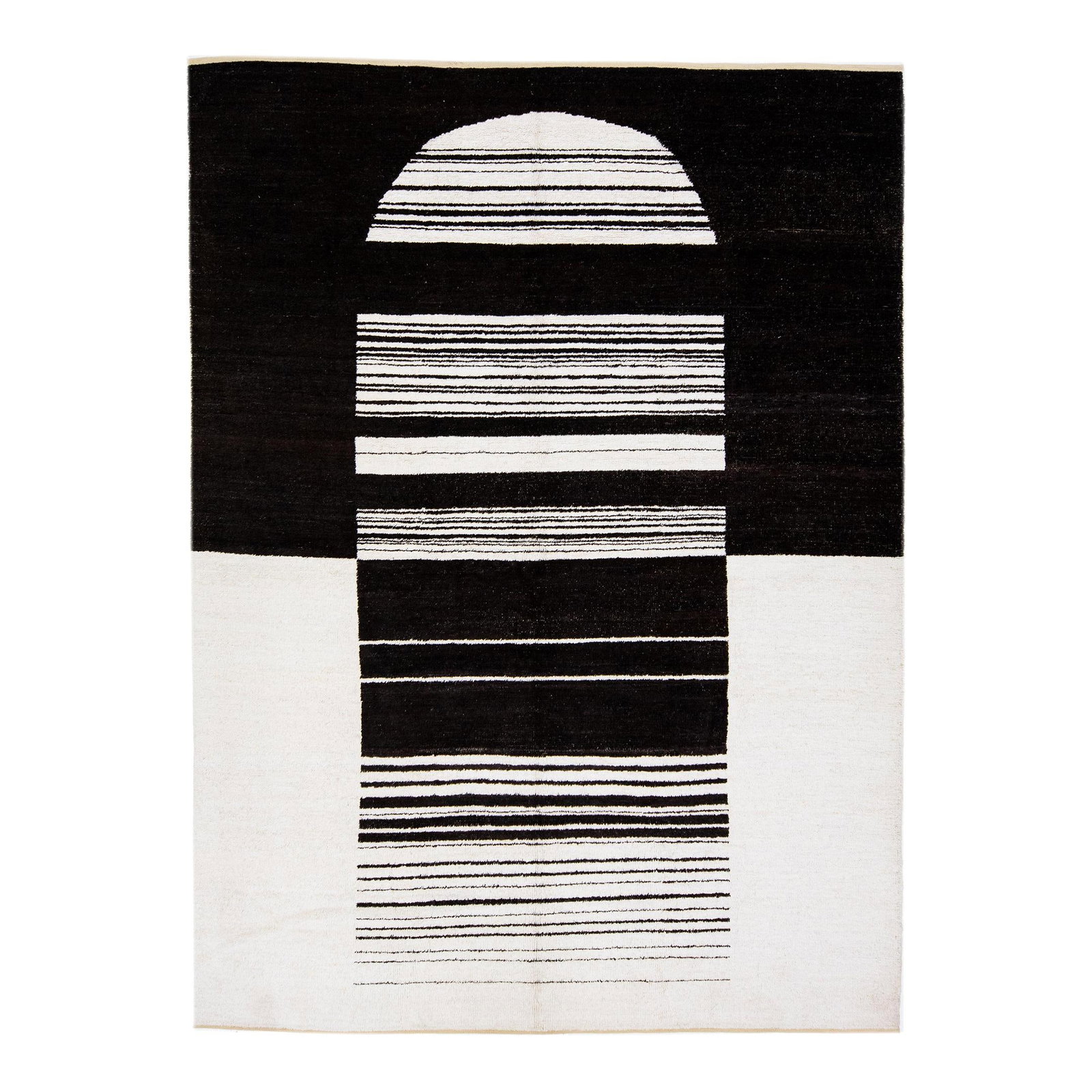 Handmade Modern Moroccan Wool Rug 9x12 Black and White Design: Handmade Modern Moroccan Wool Rug 9x12 Black and White Design Enhance your living space with this exquisite Handmade Minimalist Modern Moroccan Style Wool Rug. Measuring 9' x 12'1", this hand-knotted 