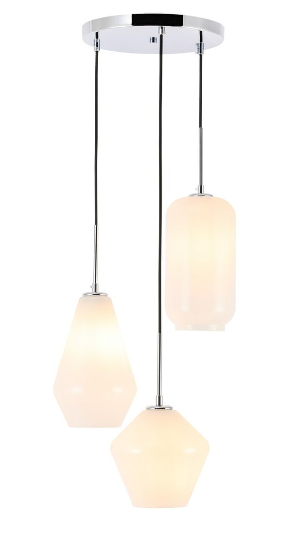 Gene 3-Light Chrome Pendant Chandelier with Frosted Glass Shades Adjustable Height: Gene 3-Light Chrome Pendant Chandelier with Frosted Glass Shades Adjustable Height This modern pendant chandelier features three lights with frosted white glass shades and a polished chrome finish, cr