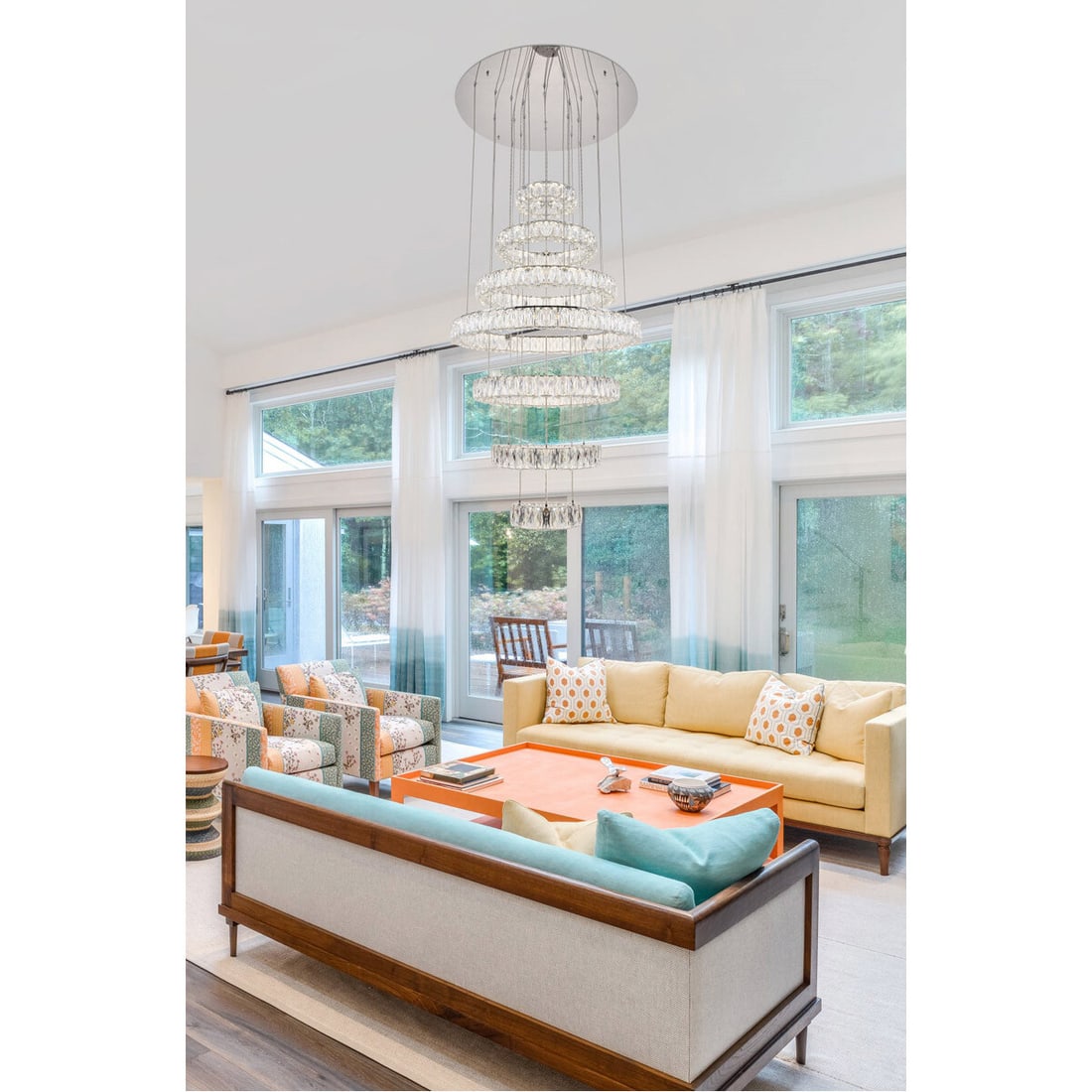 Monroe Chrome Crystal LED Chandelier 34 Inch Height Adjustable: Monroe Chrome Crystal LED Chandelier 34 Inch Height Adjustable This modern chandelier features seven tiers of stainless-steel rings in a smooth chrome finish, adorned with rectangular and square royal