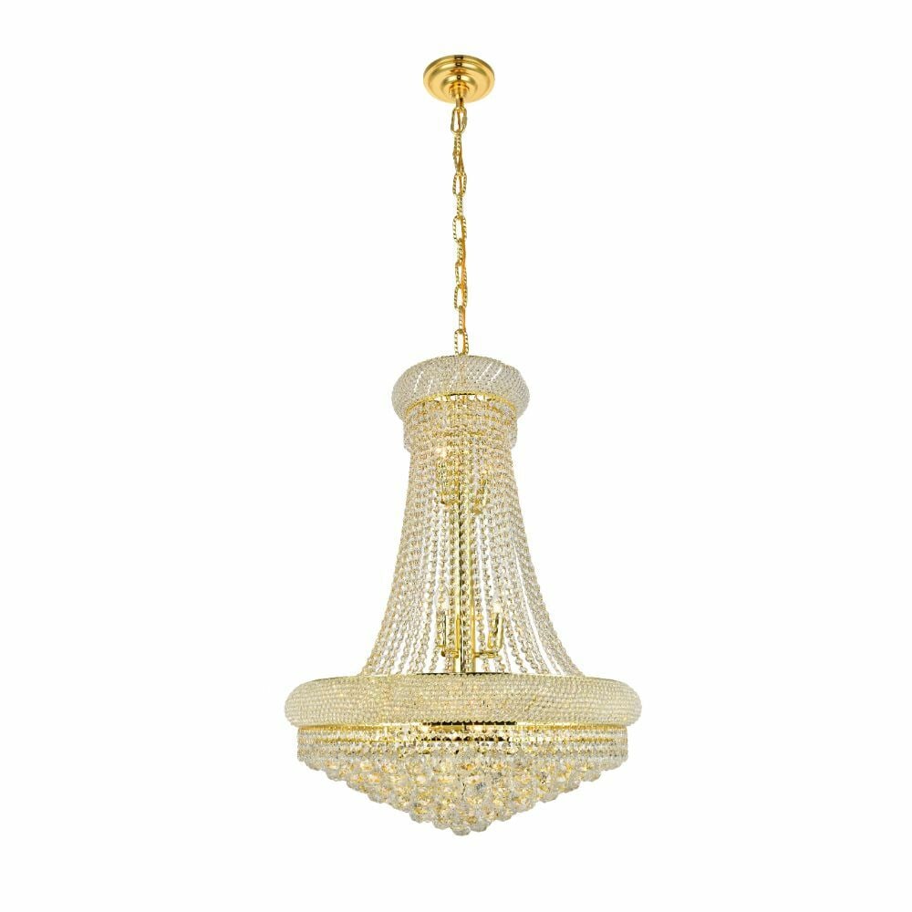 Primo 14-Light Gold Crystal Empire Chandelier 28 x 36: Primo 14-Light Gold Crystal Empire Chandelier 28 x 36 This modern empire-style chandelier features a large gold frame adorned with royal cut clear crystals, offering a luxurious statement piece for in